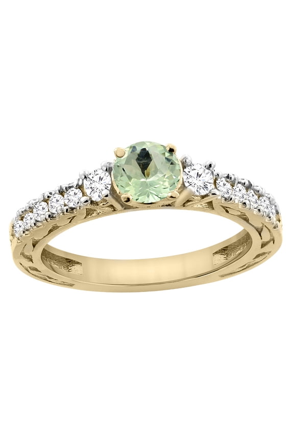 14K Yellow Gold Natural Green Amethyst Round 6mm Engraved Engagement Ring Diamond Accents, size 7
