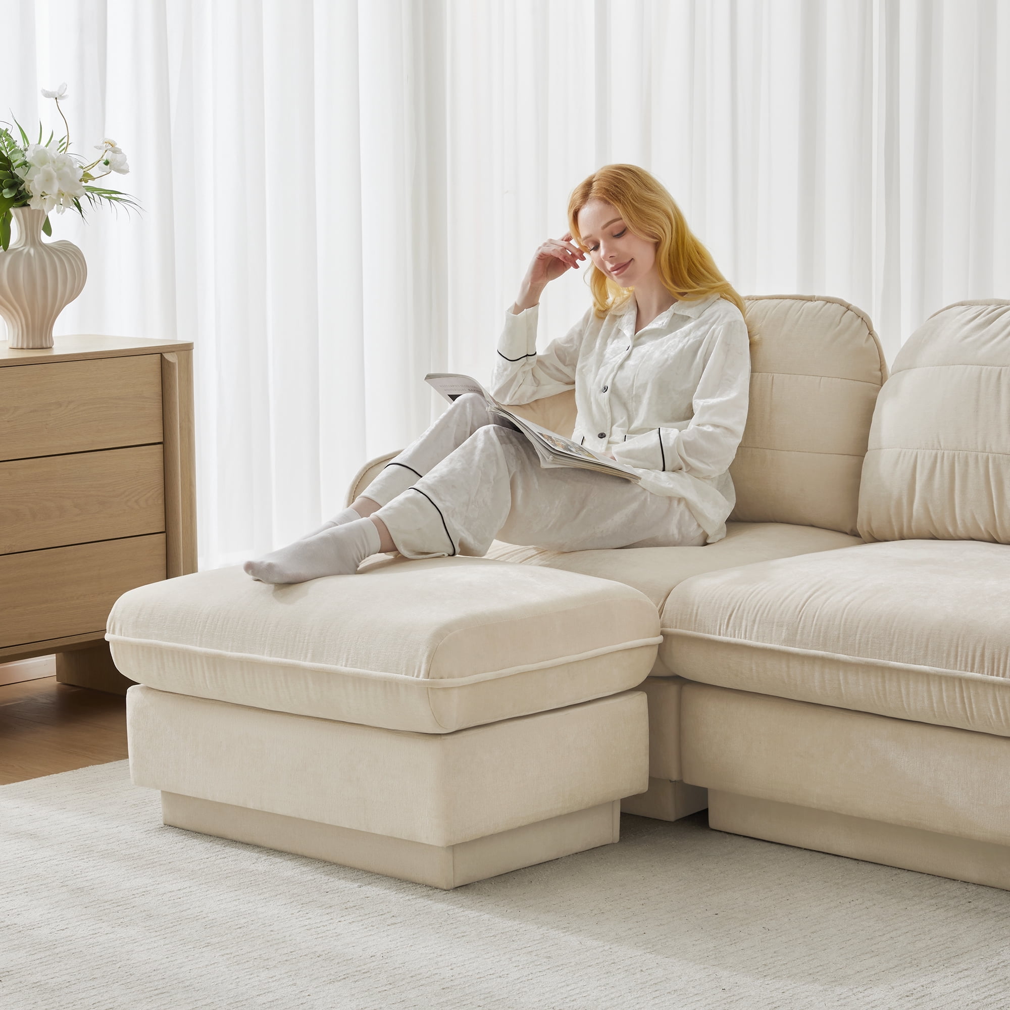 Mintazer Chenille Cloud Loveseat Sofa with 2 Movable Ottoman and Round Pillows, U-Shaped Ergonomic Sofa Couch for Living Room, Bedroom, Cream