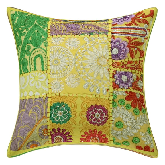 Stylo Culture Indian Cotton Living Room Throw Pillow Sham Cover Lemon Yellow 12x12 Bohemian Vintage Patchwork Indian Couch Cushion Cover 30 x 30 cm Decorative Abstract Square Pillowcase | 1 Pc