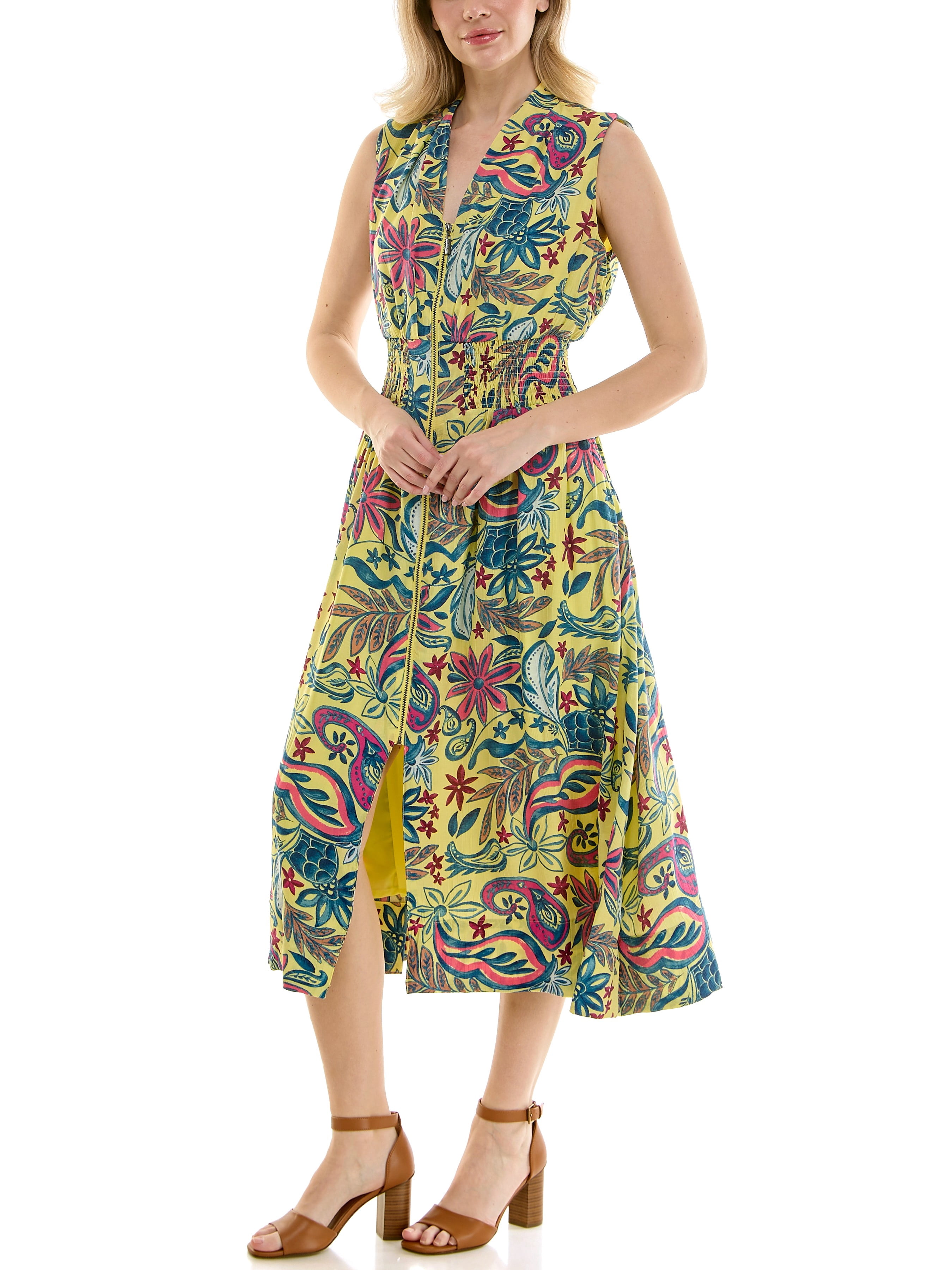 Sleeveless, V-Neck, smocked empire waist, zip front, fit & flare, midi dress in soft crinkle fabric,S-XL