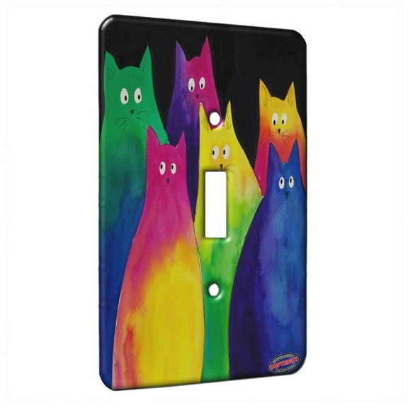KuzmarK™ Single Gang Toggle Switch Wall Plate - Very Colorful Two Toned Chunky Kitties Art by Denise Every
