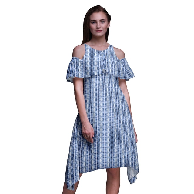 Bimba Tunique à Épaules Dénudées Imprimée Teinture sur Nœuds Bleue pour Femmes Robe de Soirée Col Rond - Très Grande Taille