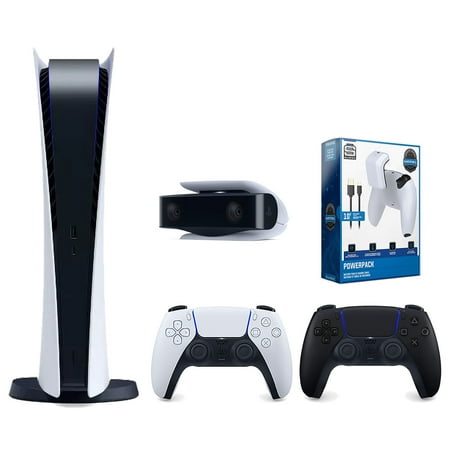 Sony Playstation 5 Digital Edition Console with Extra Black Controller, 1080p HD Camera and Surge PowerPack Battery Pack & Charge Cable Bundle