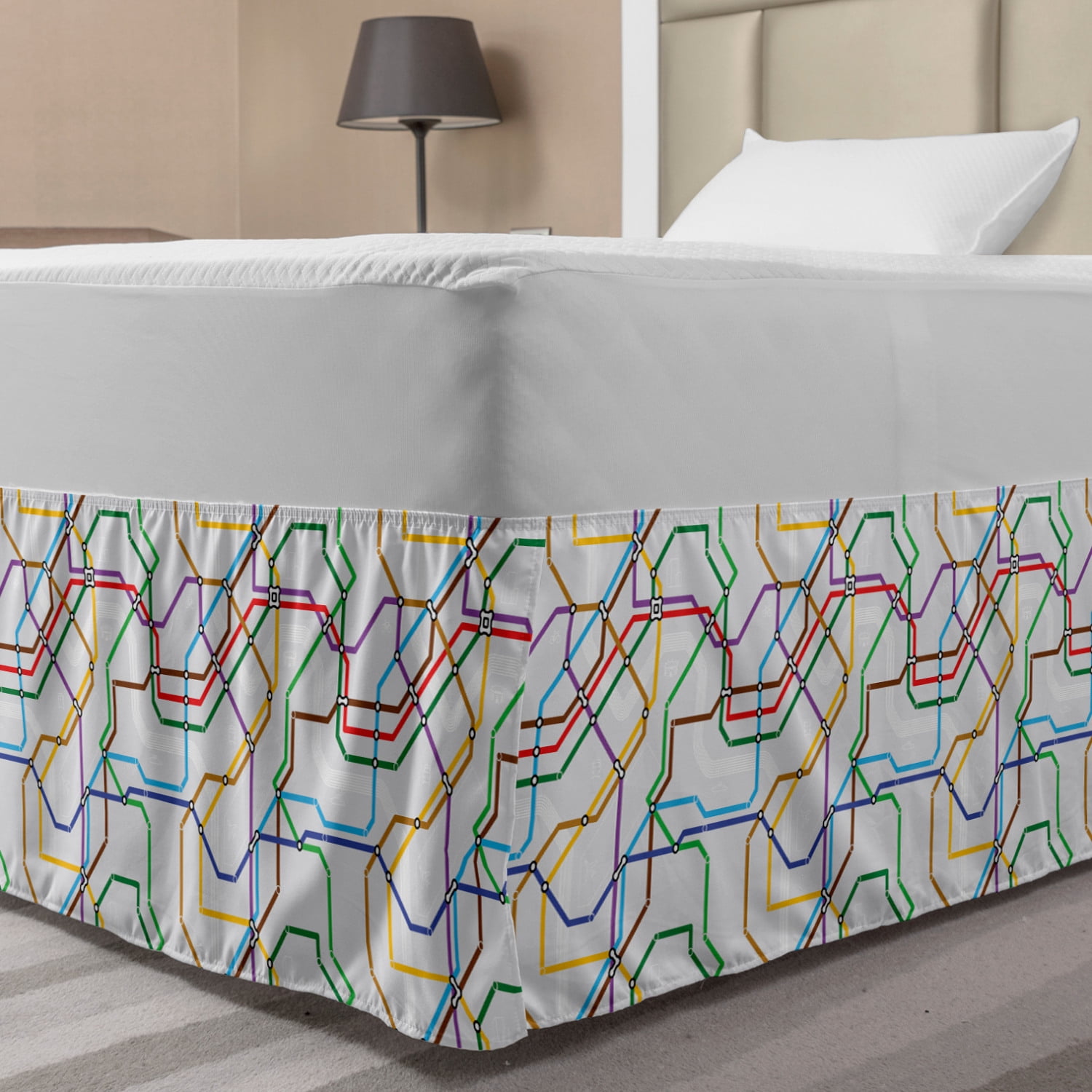 Map Bed Skirt, Stripes in Vibrant Colors Metro Scheme Subway Stations