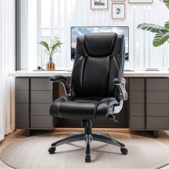 AFO Executive Ergonomic High Back Leather Office Desk Chair with Flip-Up Armrests and Adjustable Lumbar, Black