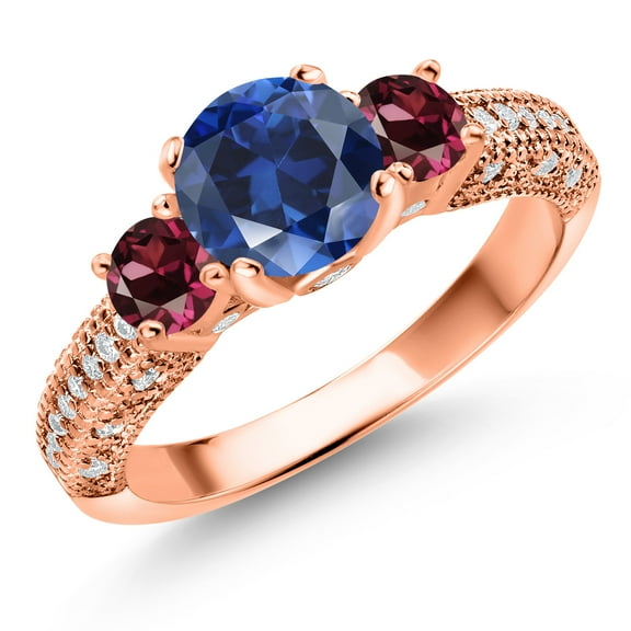 18K Rose Gold Plated Silver Blue Created Sapphire Red Rhodolite Garnet and White Moissanite Engagement Ring for Women (2.42 Ct, Gemstone September Birthstone, Round 7MM and 4MM, Size 5)