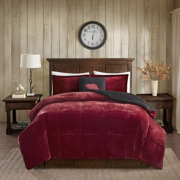 Alton Plush to Sherpa Comforter Set Red/Black Full/Queen