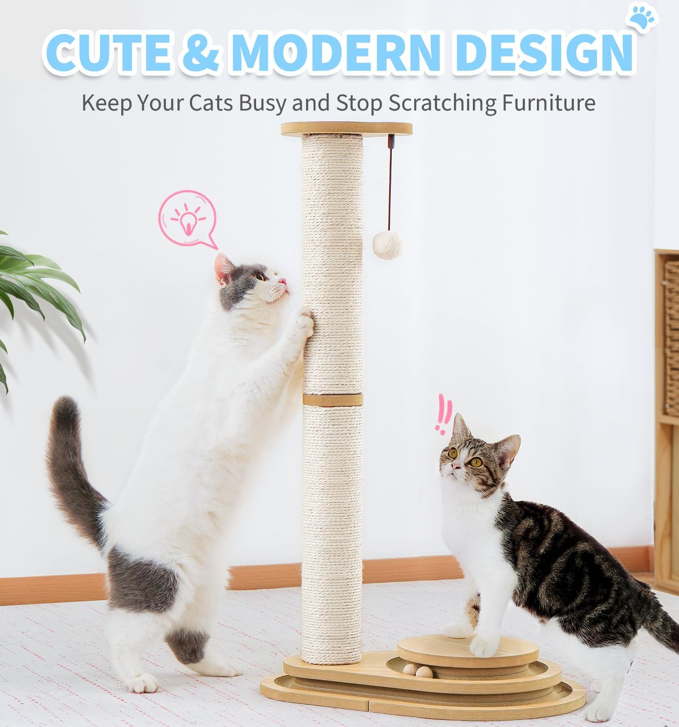s 32 Inch Tall  Scratching Post with Interactive Ball Track and Sisal Rope for Indoor Cats