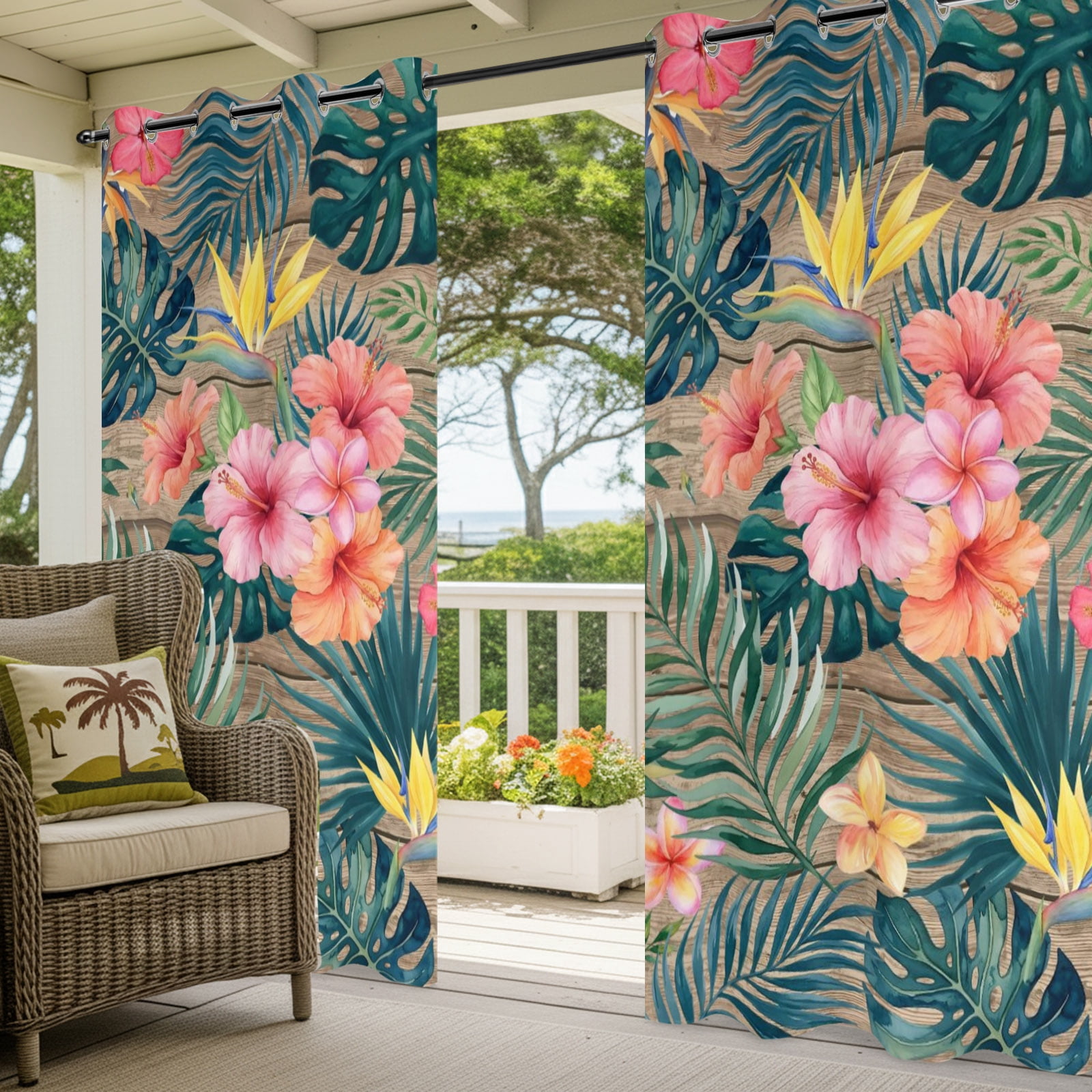 Pink Hibiscus Flower Outdoor Curtains for Patio, Palm Leaf Summer Coastal Tropical Botanical Vintage Sunshade Privacy Drapes Grommet Waterproof Outside Curtains for Porch Balcony 54"x108", 1 Panel