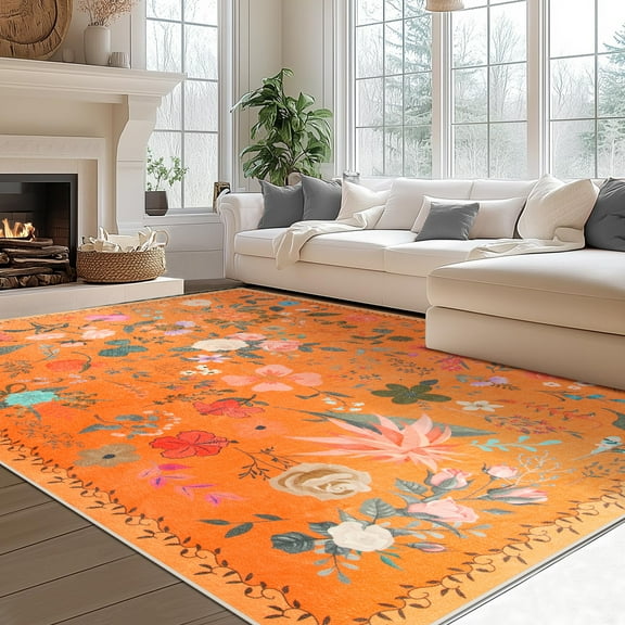 Wondo Boho Floral Vintage Non-Slip 8'x10' Area Rug - Machine Washable Low Pile Carpet for Living Room, Bedroom, Dining Room & Farmhouse Decor (Orange)