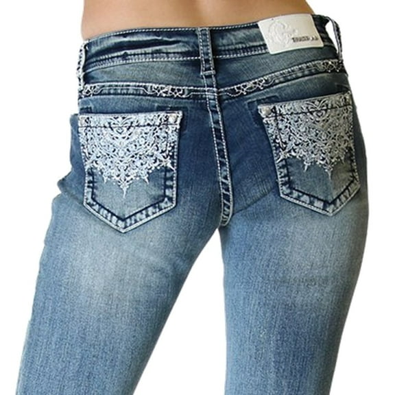 Grace in LA Women's Baroque Embellished Embroidered Bootcut Stretch Jeans (25)