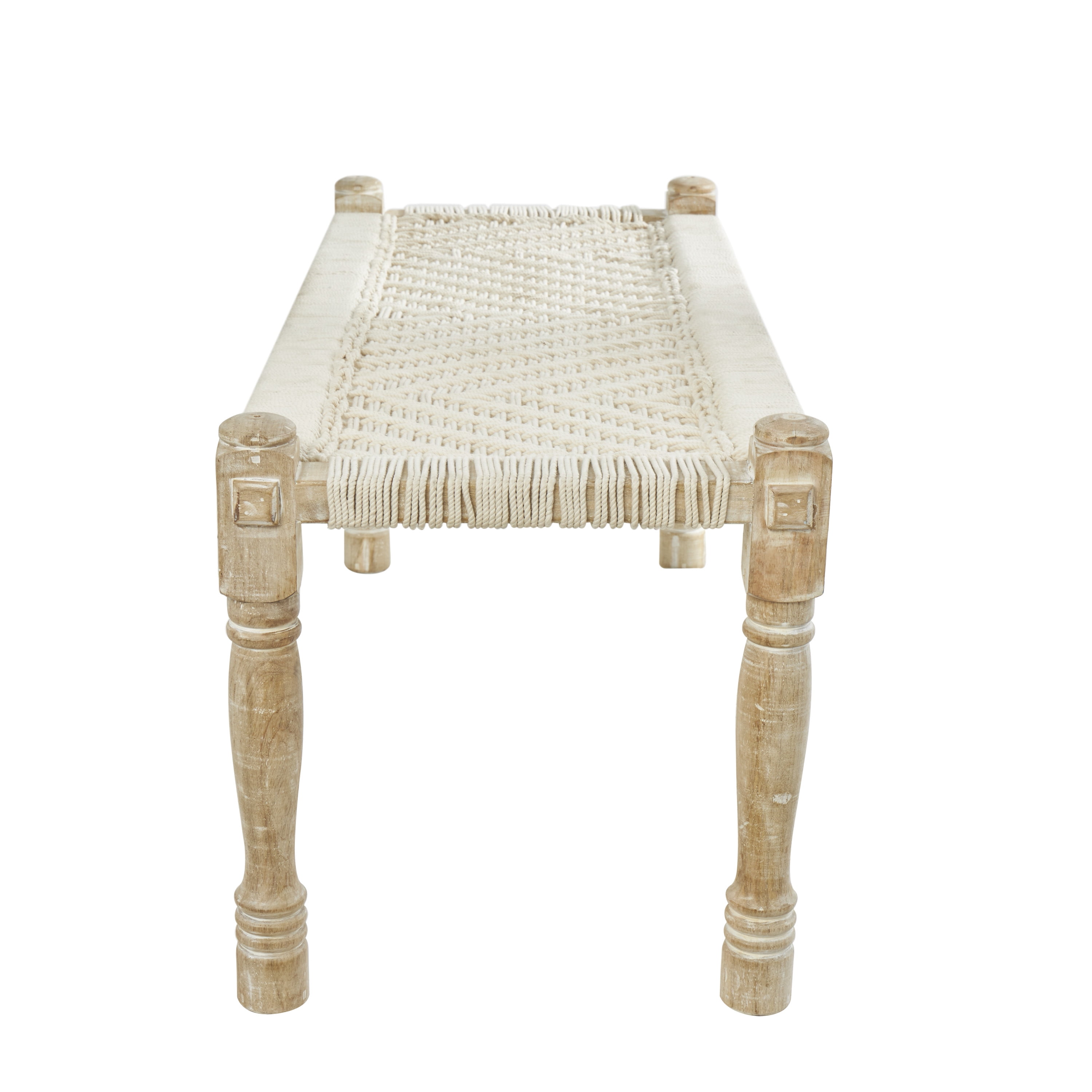 DecMode Cotton Handmade Woven Chevron Patterned Bench with Light Brown Mango Wood Legs, Beige