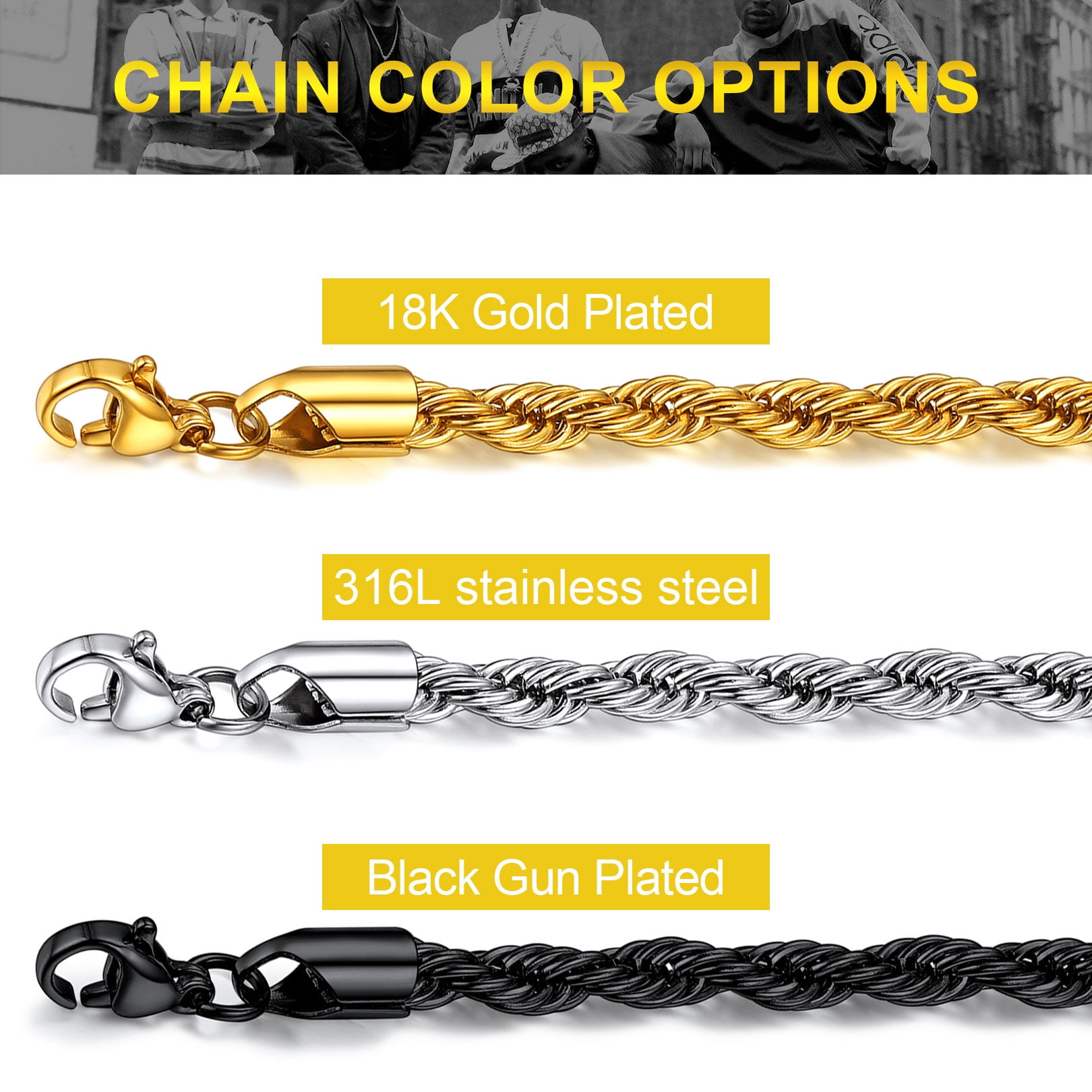 FOCALOOK Twist Rope Chain Necklace for Men Black Replacement Chain for Pendant Charm 316L Stainless Steel 3mm 24 Inch with Jewelry Gift Box for Dad Christmas