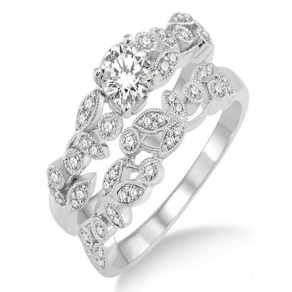 1.00 Carat Antique Flower Bridal Set with Round Cut Diamond in 10k White Gold