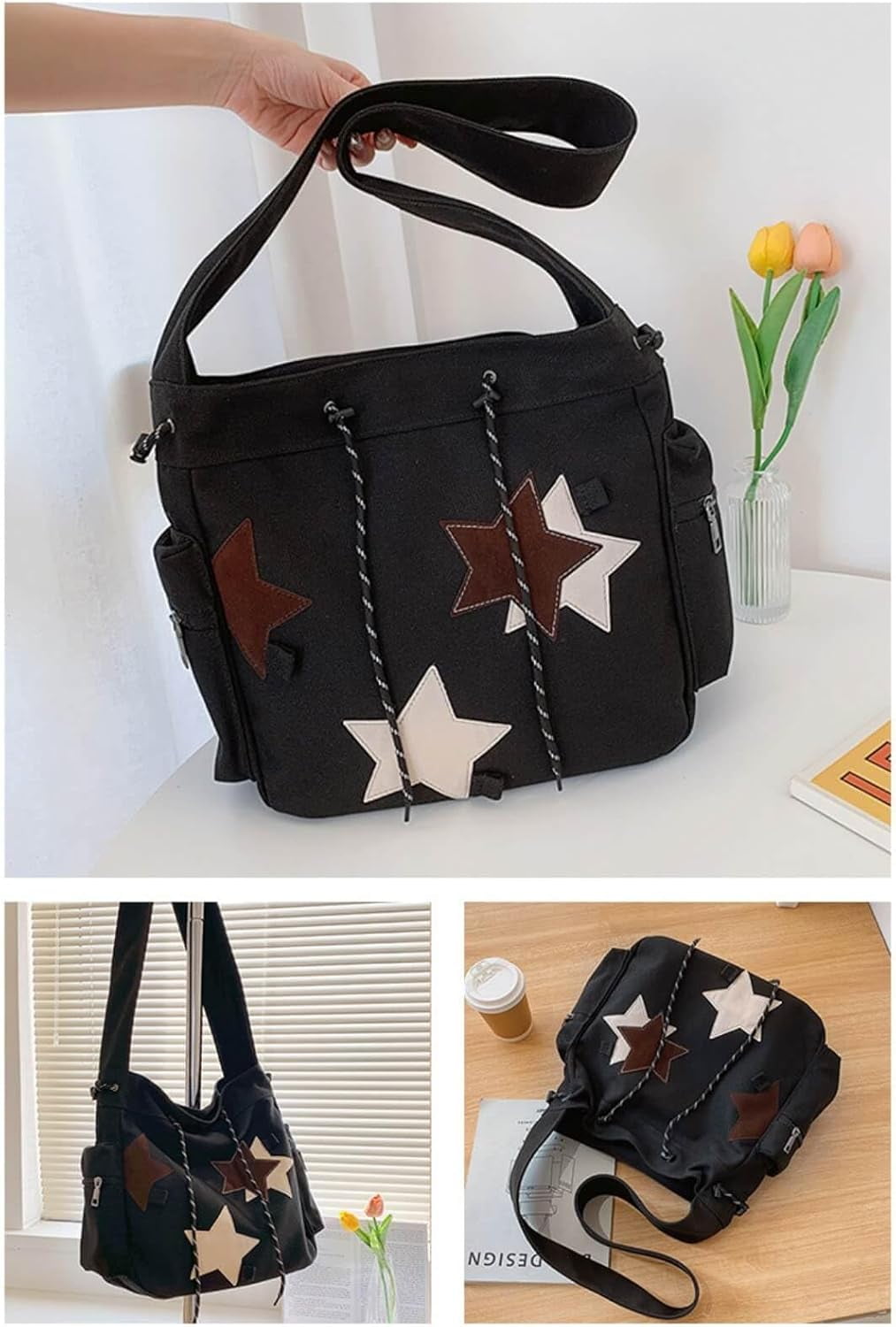 Y2K Star Canvas Messenger Bag, Cute Tote Bags Aesthetic, Small Shoulder Travel Crossbody Bags For Women