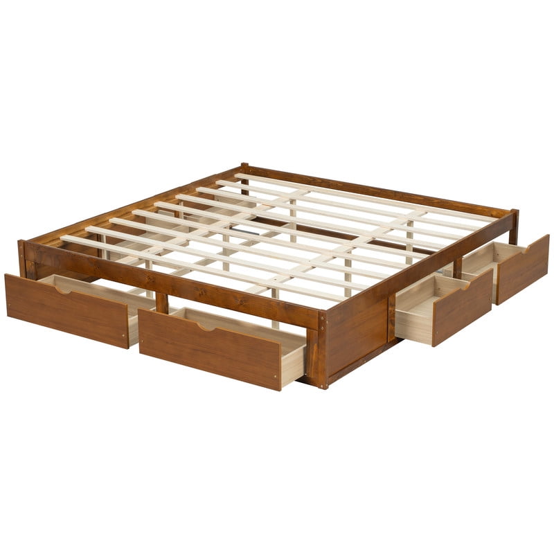 Queen/King Size No Box Spring Required Platform Bed with No Headboard, Wooden Storage Bed Frame with 6 Drawers