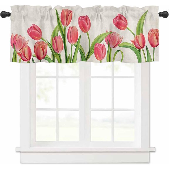 Rdsfhsp Tulip Flower Valances for Windows Rustic Watercolor Pink Tulip Spring Flower Valance Curtain Rod Pocket Small Window Treatment for Kitchen/Living Room/Bedroom/Home Decor 54x18 Inch