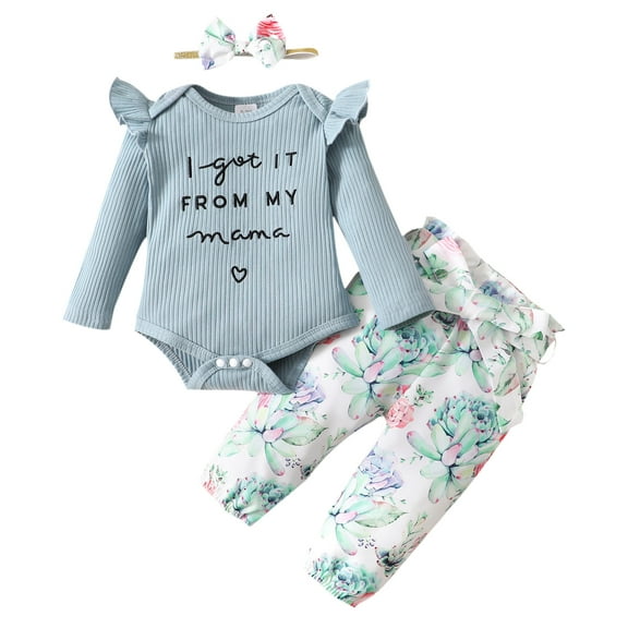Infant Baby Girls Clothes Baby Girls Outfits 6-12 Months Baby Girls Long Sleeve Letter Print Romper Top Floral Pants Headband 3PCS Set Green