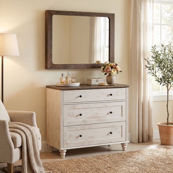 3-Drawer Rustic White Dresser, Modern Wooden Cabinet for Bedroom Nursery Hallway