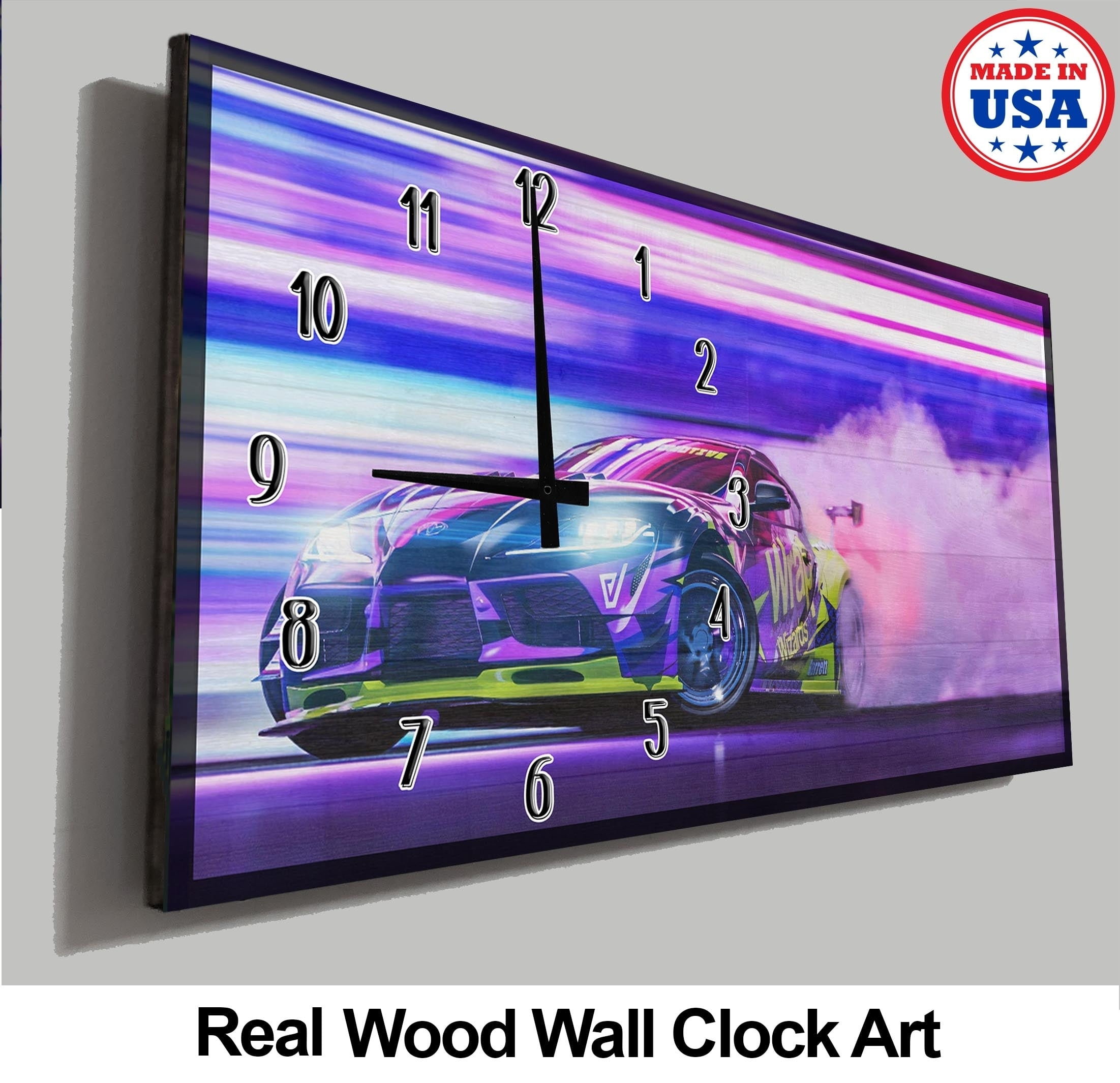 Car Wall Clock Bright Neon Glowing Car Burning Rubber Man Cave Wall
