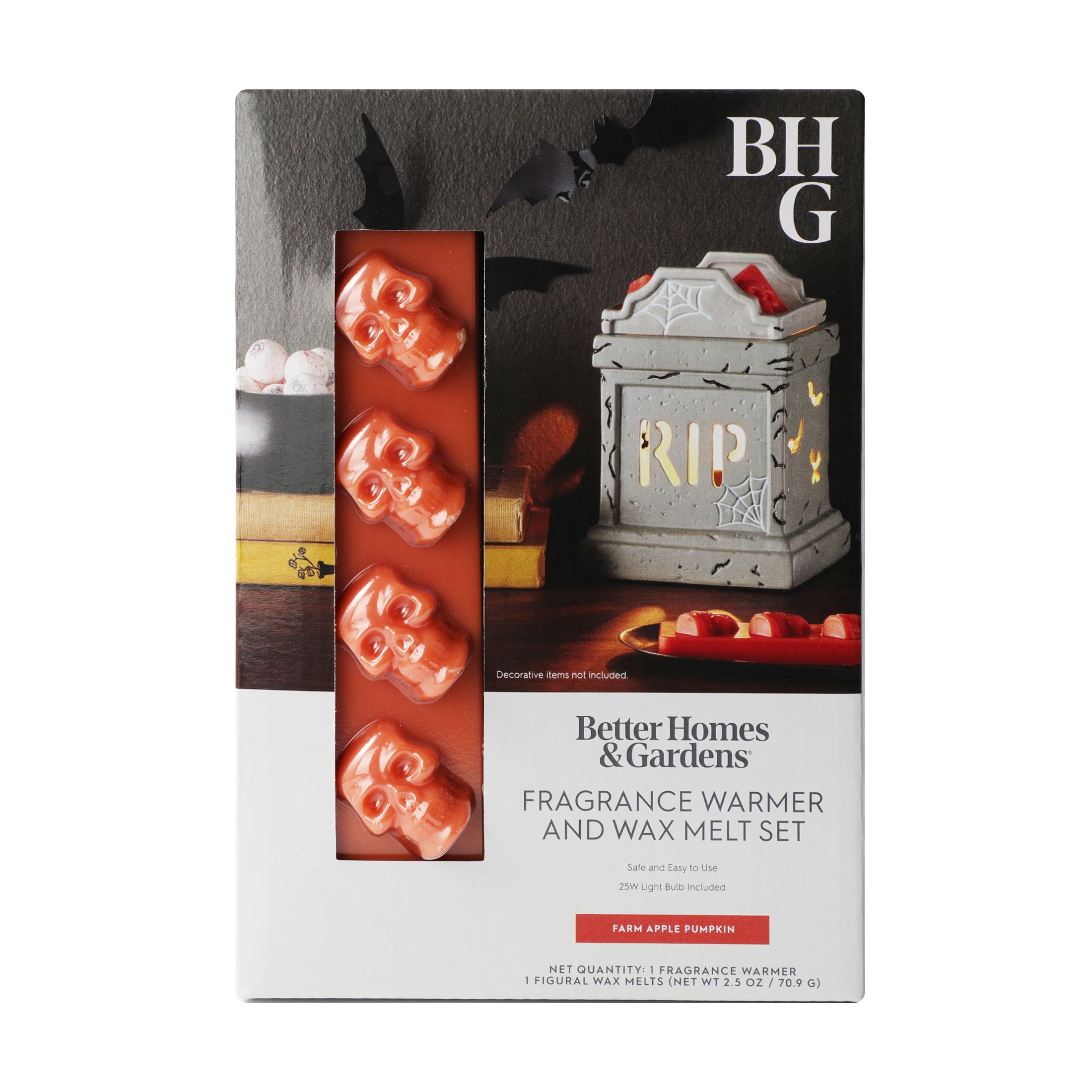 Better Homes & Gardens Halloween Ceramic Electric Plug-in Wax Melt Warmer with Farm Apple Pumpkin Wax Melts, Tombstone