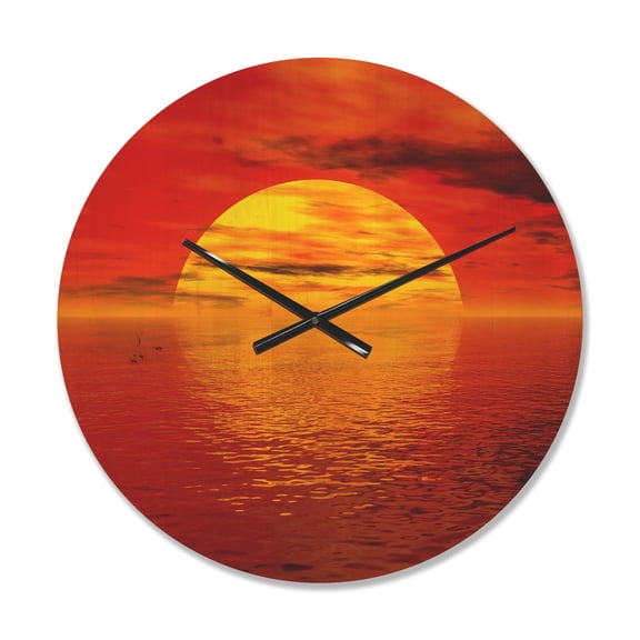 Designart 'Yellow Sun Falling to Red Ocean ' Modern Wood Wall Clock