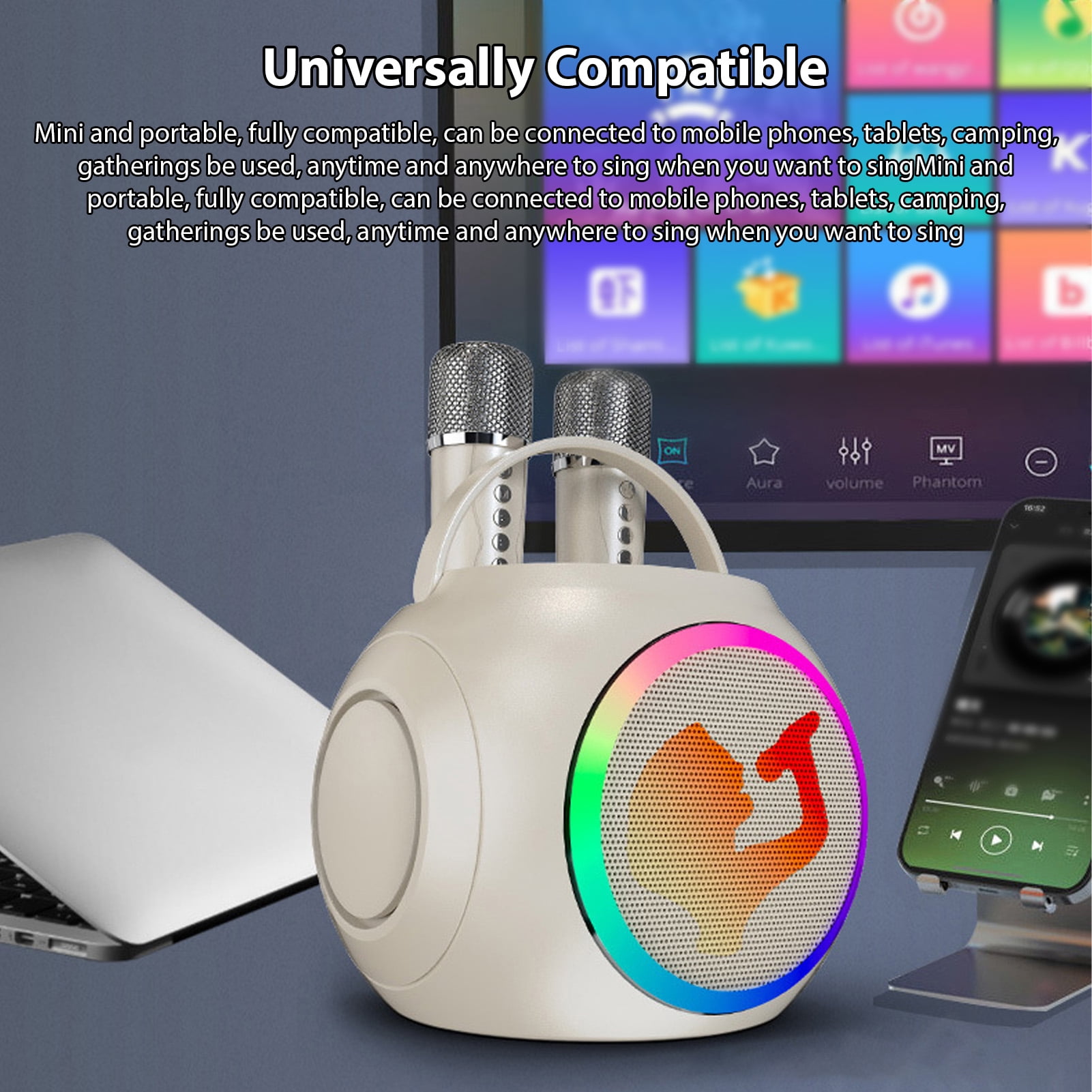 Rupoun Portable Bluetooth Karaoke Machine with 2 Wireless Microphones Built-in Rechargeable Battery RGB Light Effects Stand Alone Home Party Sound System White