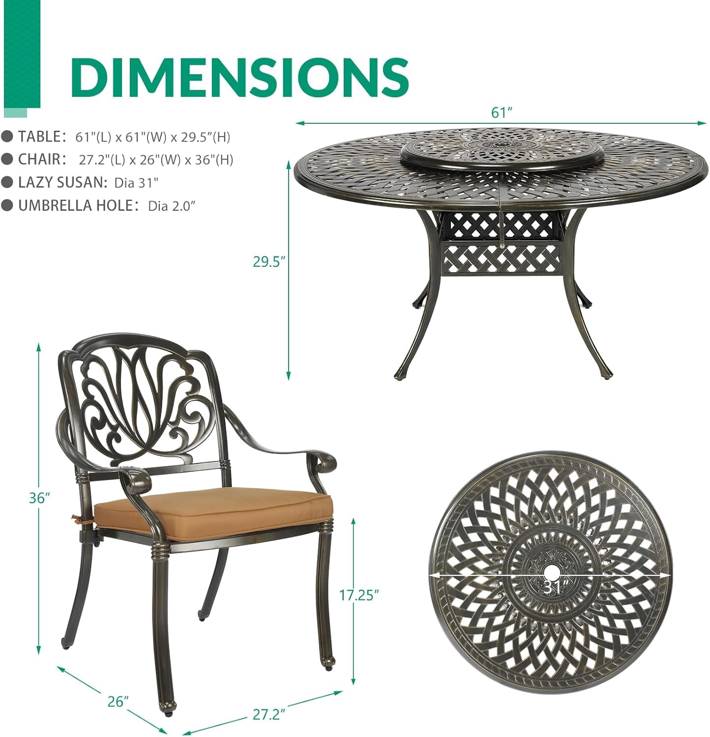 VIVIJASON 9-Piece Patio Furniture Dining Set, Cast Aluminum Rust-Free Outdoor Conversation Set, Include 61" Round Dining Table with 31" Lazy Susan & 8 Cushioned Chairs, Umbrella Hole, Khaki