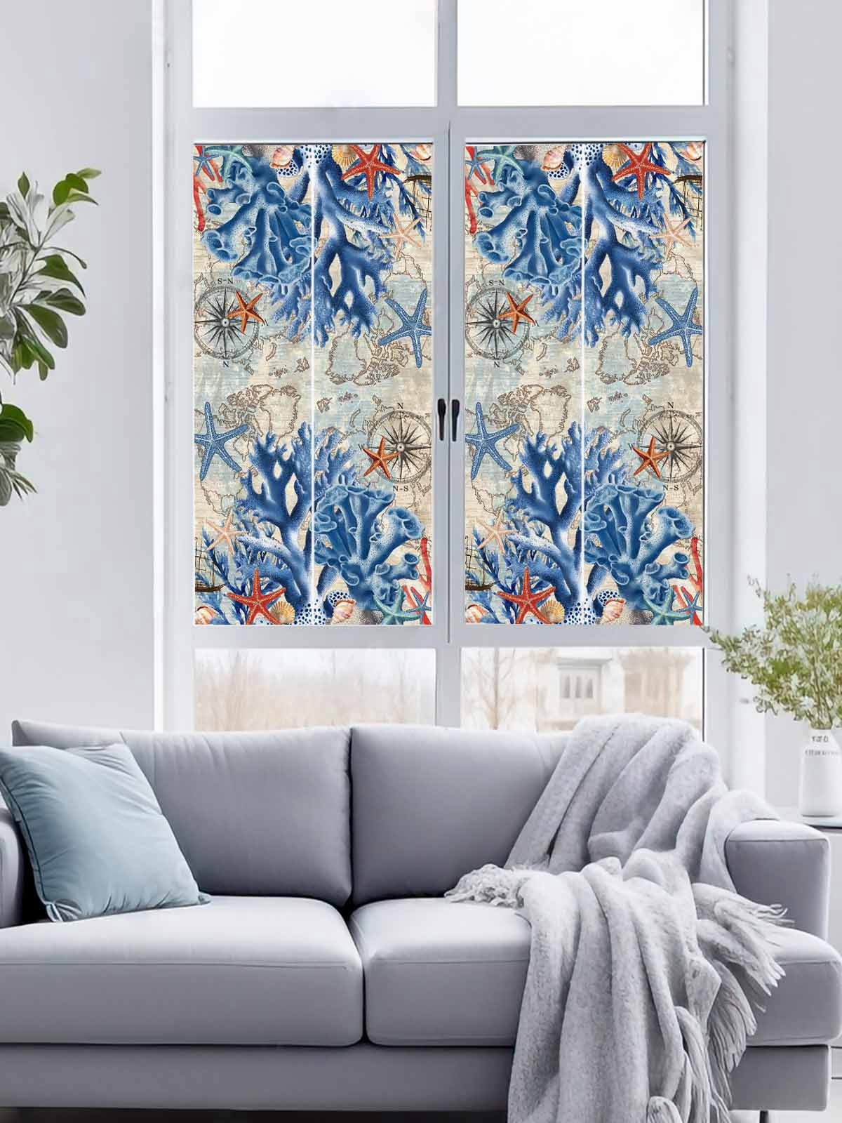 Static Cling Door Window Covering, Navy Blue Coral Window Privacy Film Frosted, Vintage Coastal Nautical Summer Beach UV Blocking Windows Film for Office, Hotel, Bedroom, 29.5 x 78.7 Inches