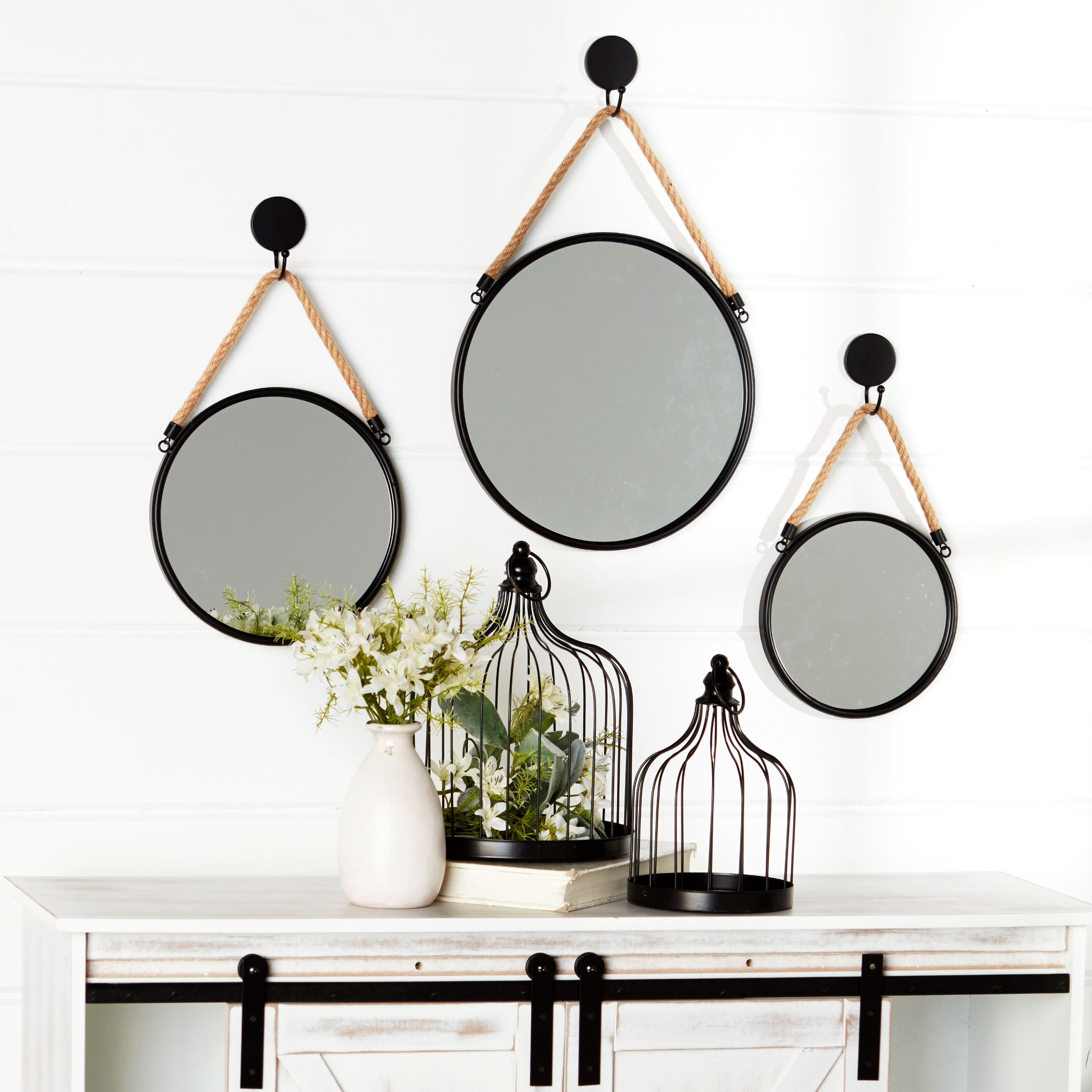 Farmhouse Mirrors With Rope Hangers Boho Wall Decor Set of 3