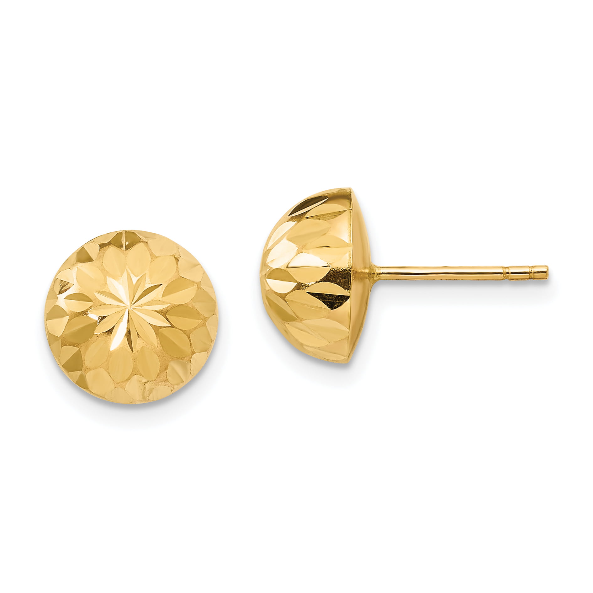 14k Yellow Gold Diamond-Cut Round Button Post Earring Push Back Clasp 10mm 
