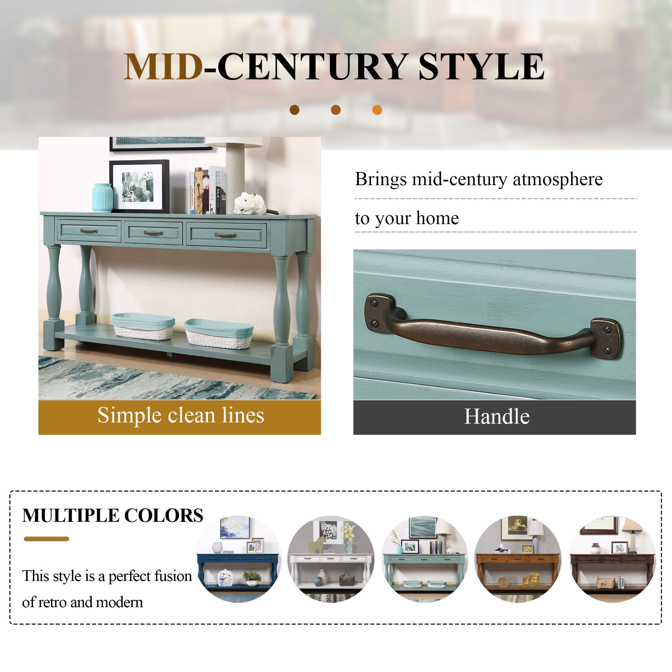 Noble House Adelaide 63" Console Table, Solid Wood Frame Mid-Century Entryway Storage, Retro Blue