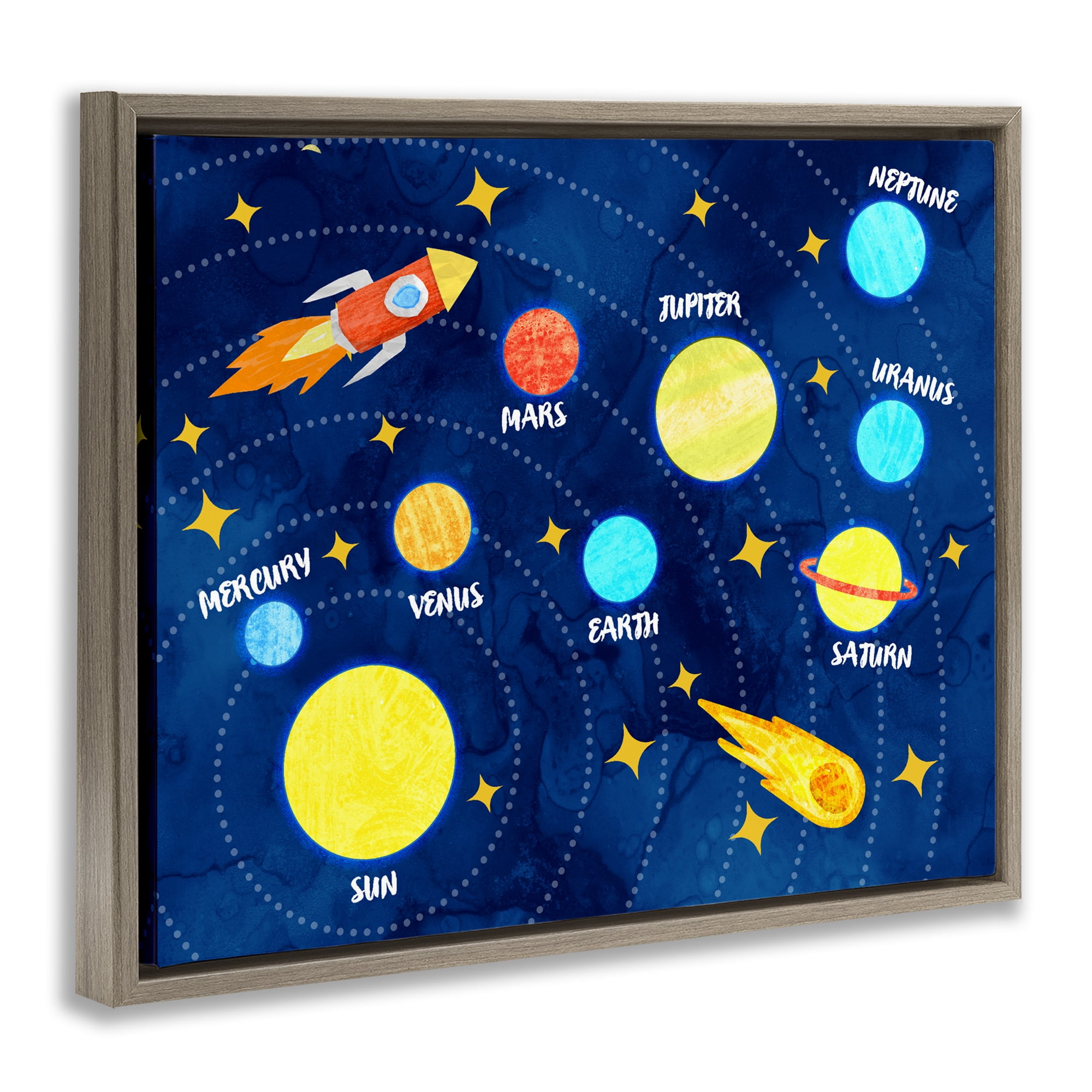 Rocket Across Solar System Brown Framed Floater Canvas Wall Art, design by Daphne Polselli