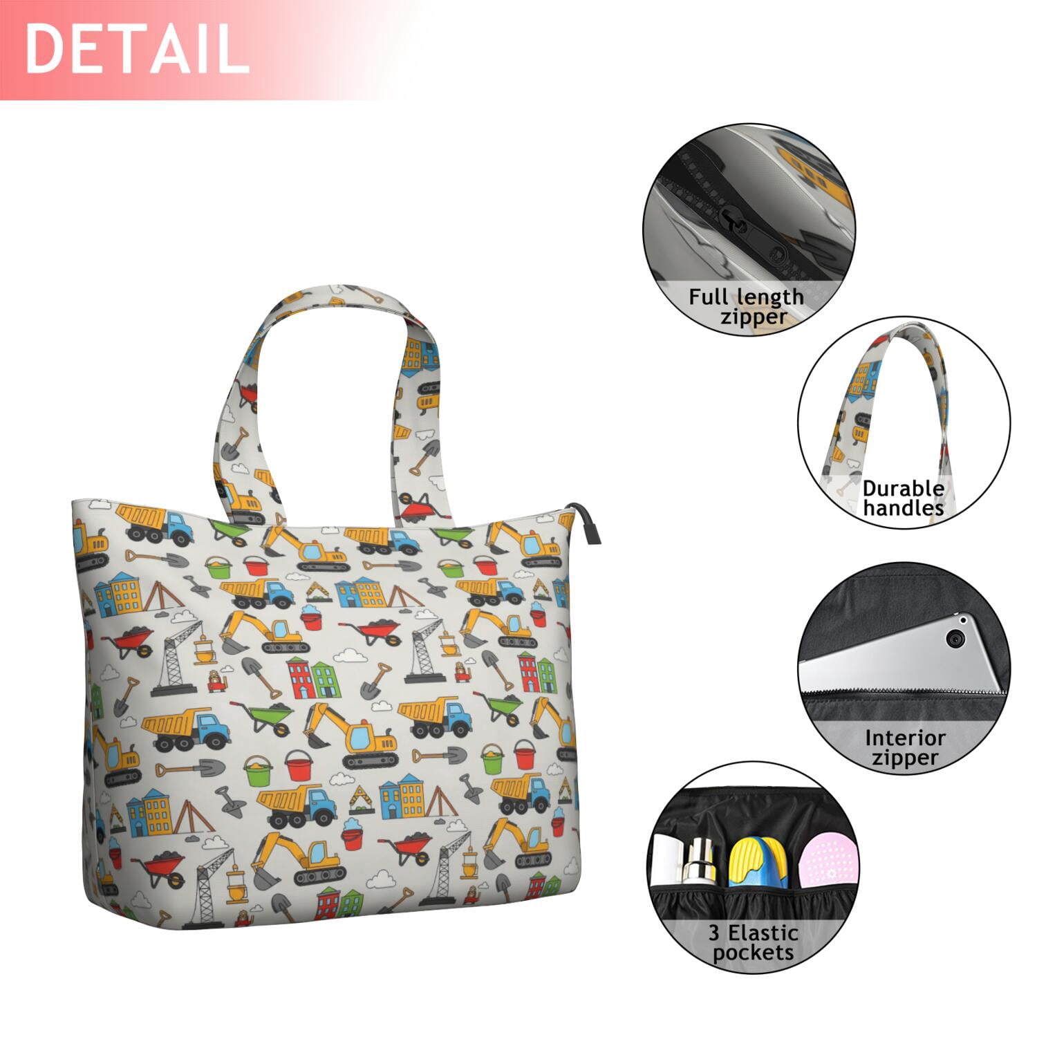 Cartoon Construction Vehicles Shovels Light Gray Pattern Travel Tote Bags for Women Carry On,Large Weekender Bags for Women Travel,Multi Functional Duffle Bag for Work,Shopping,Sports