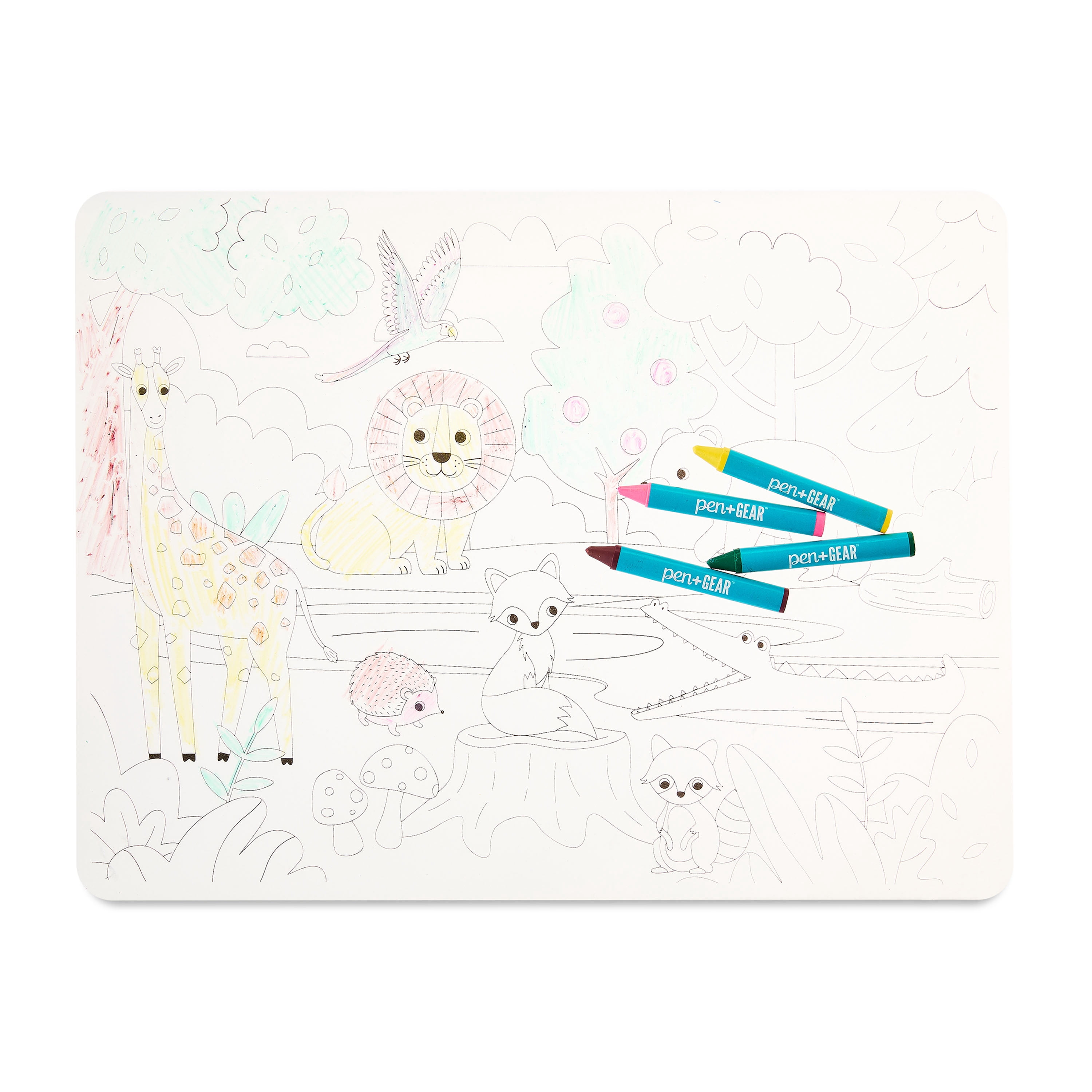 Pen+Gear Washable Jungle Coloring Placemat Kit with 4 Crayons, Black and White