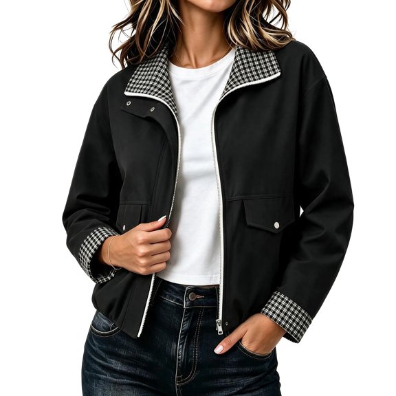 Mifsaly Womens Bomber Jackets Zip Up Collared Plaid Lining Windbreaker Jacket Fall Winter Windproof Comfort Daily Wear Outdoor Activity Work Office Casual Outfits Black,S