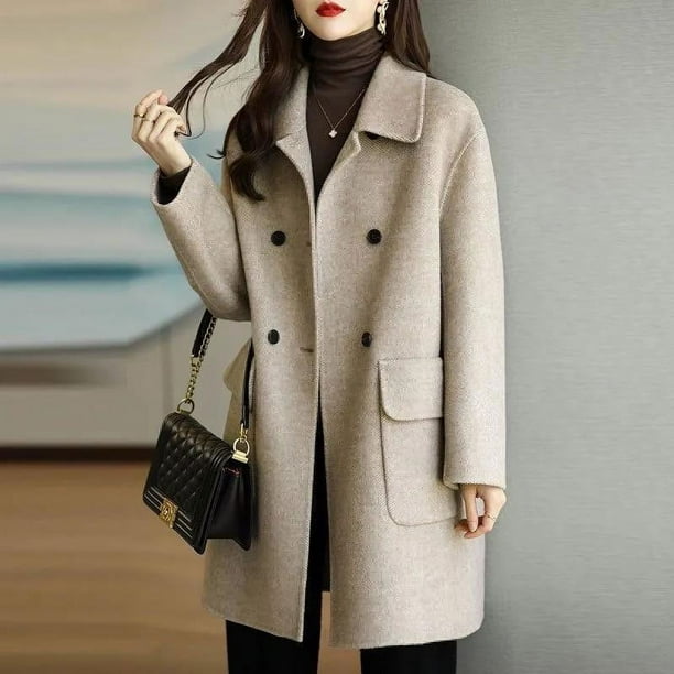 Abrigo de cuello de traje de lana para mujer, otoño e invierno, grueso, cálido, largo, suelto, pequeño abrigo