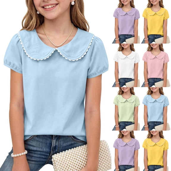 SROBPTY Kids Girls T Shirt Solid Short Sleeve Collared with Collar Top for 0-9 Years