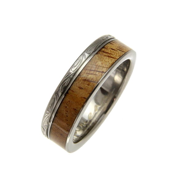 Genuine inlay Hawaiian koa wood wedding band ring titanium scroll 6mm size 11.5