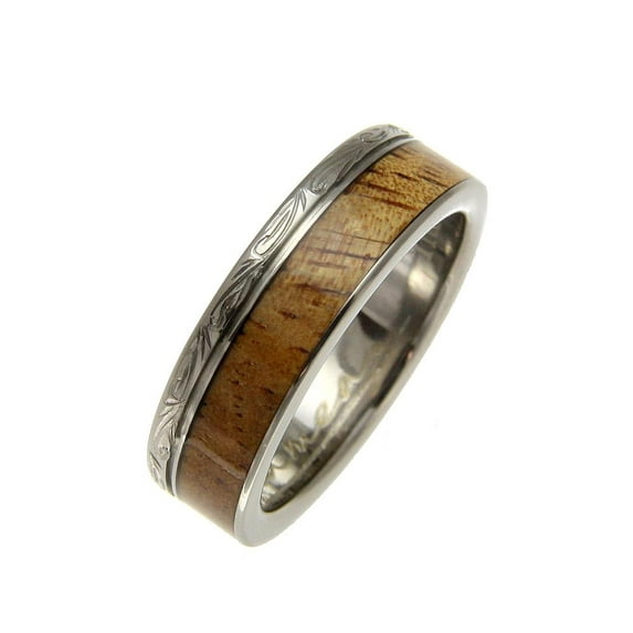 Genuine inlay Hawaiian koa wood wedding band ring titanium scroll 6mm size 7.5