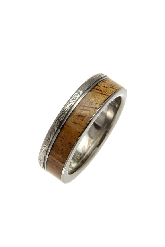 Genuine inlay Hawaiian koa wood wedding band ring titanium scroll 6mm size 10