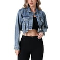 thumbnail image 1 of CHAQUETA DE MEZCLILLA CROP LARGA DE MUJER CON BOLSILLOS CARGO LAVADA GRIS AZUL, 1 of 5