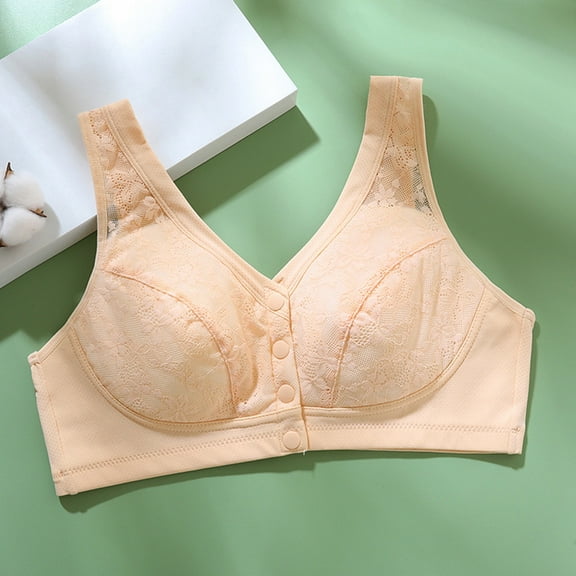 Amidoa Lace Womens Bras Beige Wire-Free Front-Close Embroidered Nursing Bra Women Lingerie 90B