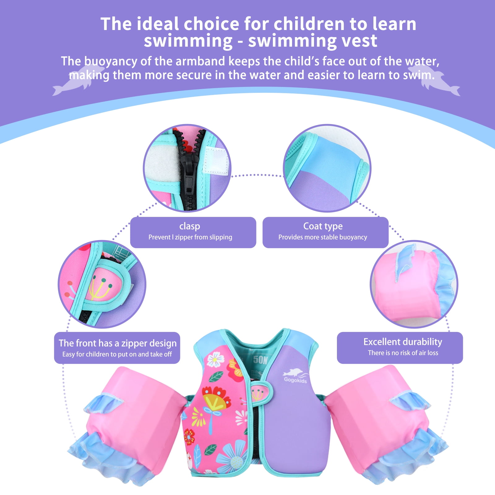 Gogokids Kids Swim Vest with Strong Buoyancy, Toddler Flotation Jackets with Armbands, Child Swimming Aid for 30-50 Pounds Girls and Boys (2-6 Years)