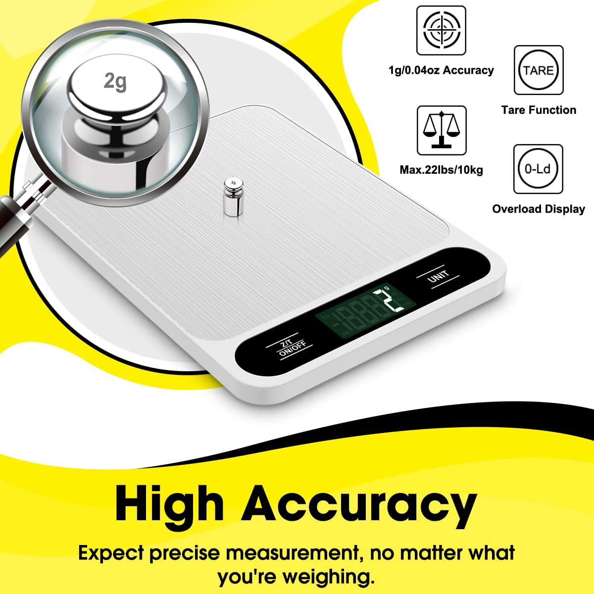 Food Scale White, 22lb/10kg Digital Kitchen Scale Grams and oz for Baking Cooking and Weight Loss, 1g/0.04oz Precise Graduation, Easy Clean Stainless Steel