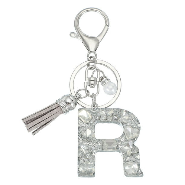 Llave de letra inicial Uxcell con borlas y perlas, llavero de letra R brillante con strass y anillo para llaves para bolsos, carteras y llaves de coche, plateado