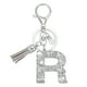 thumbnail image 1 of Llave de letra inicial Uxcell con borlas y perlas, llavero de letra R brillante con strass y anillo para llaves para bolsos, carteras y llaves de coche, plateado, 1 of 7