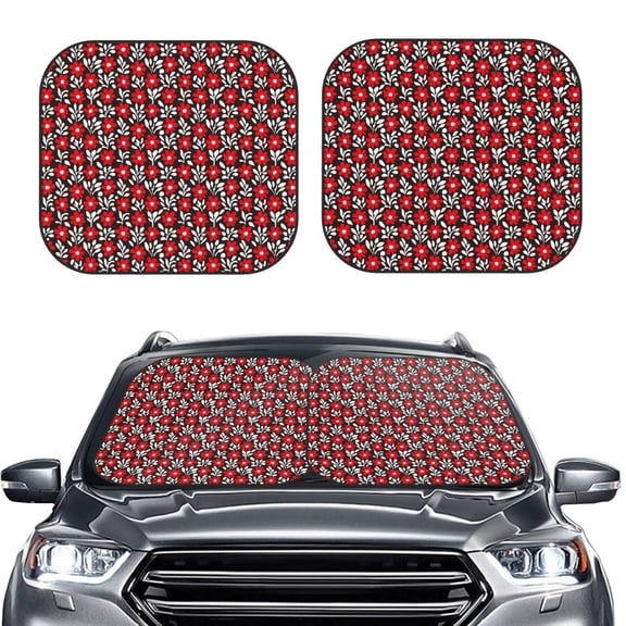 Kdxio Red Floral Print 2-Piece Sun Shade Front Windshield - Foldable Car Front Window Sunshades for Most Sedans SUV Truck