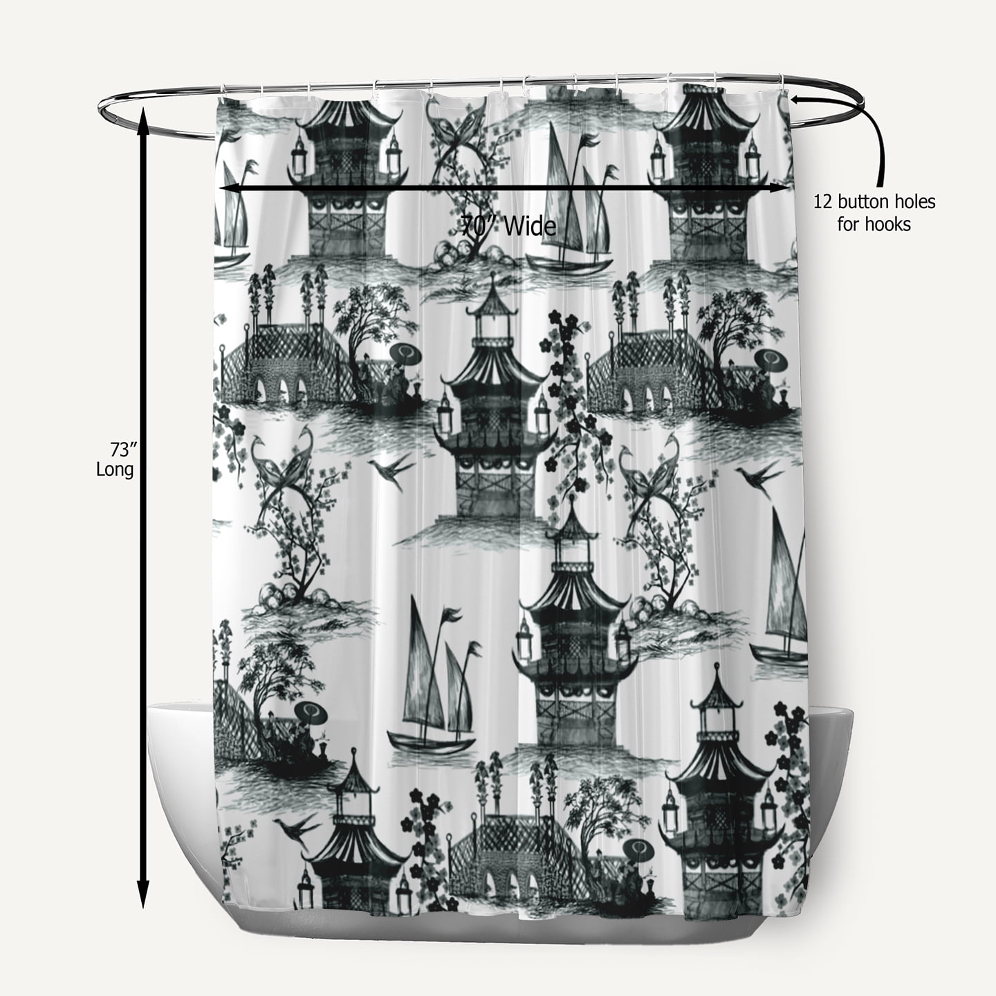 Simply Daisy 70" W x 73" L China Old Polyester Shower Curtain, Black [1 Ct]