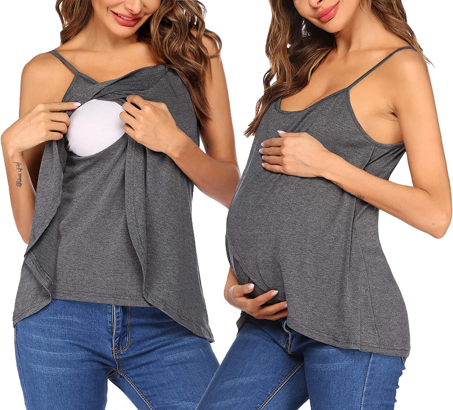 Ekouaer 3 in 1 Labor Delivery Maternity Nursing Tank Top Double Layer Sleeveless Breastfeeding Pregnancy Soft Cami Shirt 